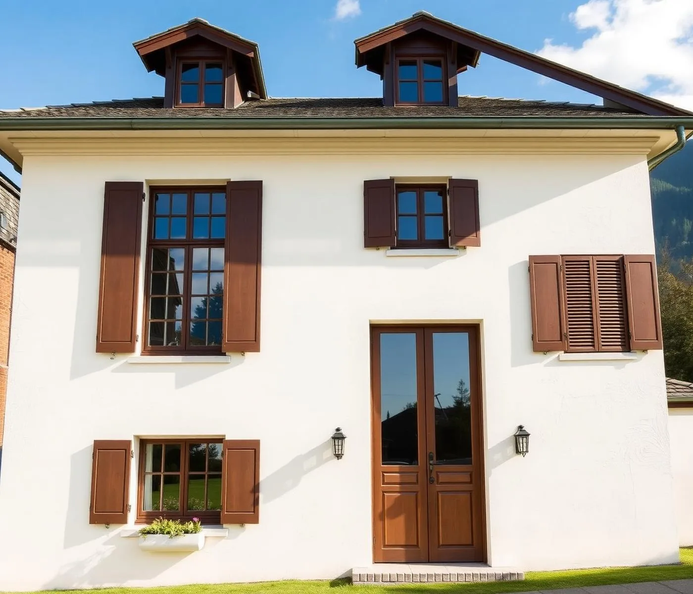 Façade de villa crème rénovée avec volets en bois